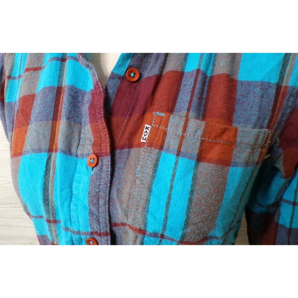 Kavu Women's S Plaid Button Flannel Shirt Teal Burgundy Pocket Hiking Gorpcore - Picture 6 of 11